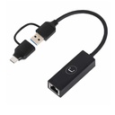 Adaptador Unno Tekno USB a Ethernet AD3007BK Macho-Hembra 2 en 1 Negro