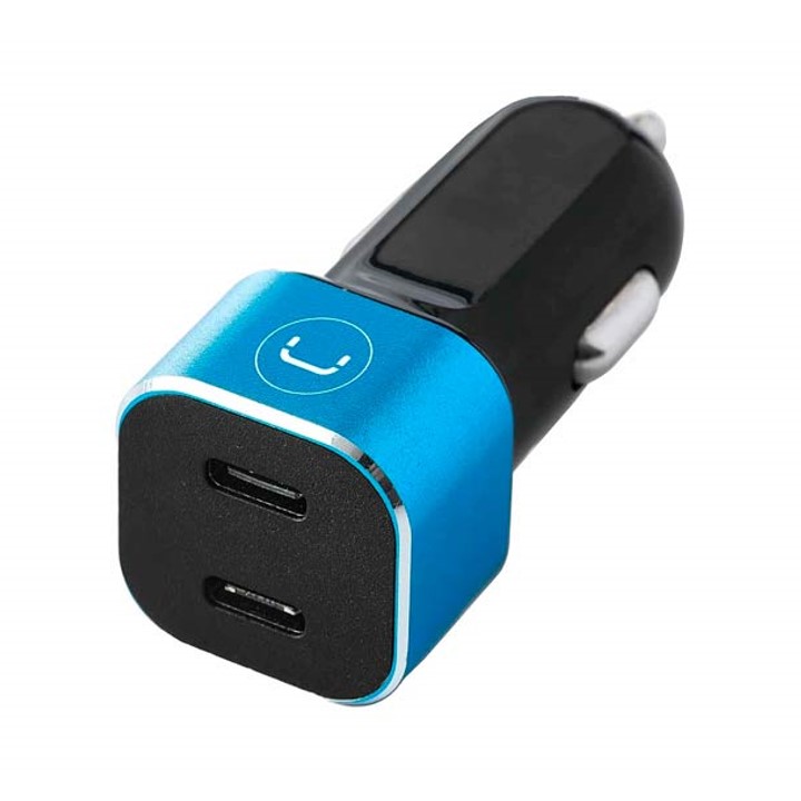 Cargador Unno Tekno PW5027BK para Carro Dual USB-C 40W Negro/Celeste