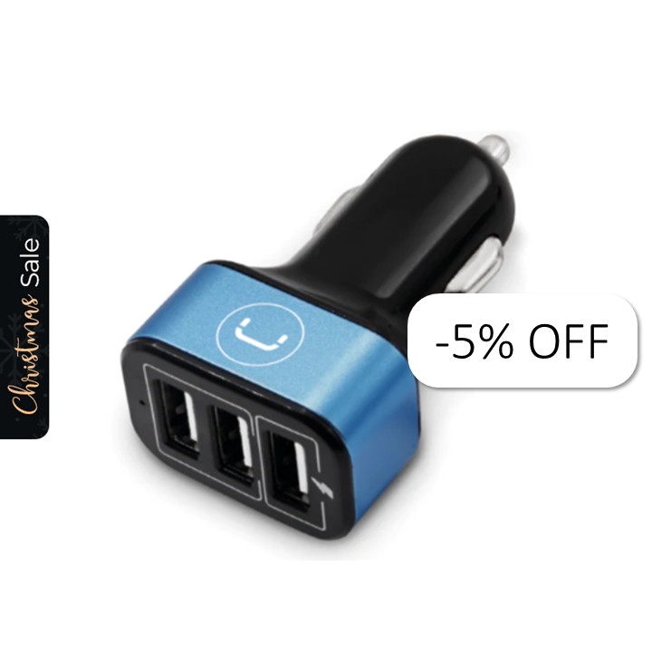Cargador Unno Tekno PW5022BK para Carro Triple USB-A 6.0A Negro/Celeste