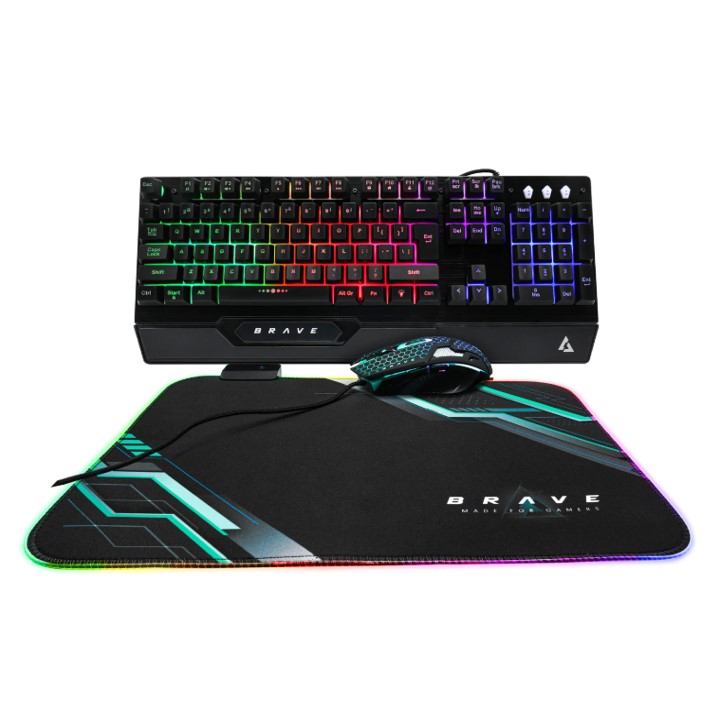 Teclado y Mouse Gaming Alámbrico Unno Tekno Brave Negro USB Inglés + Mousepad