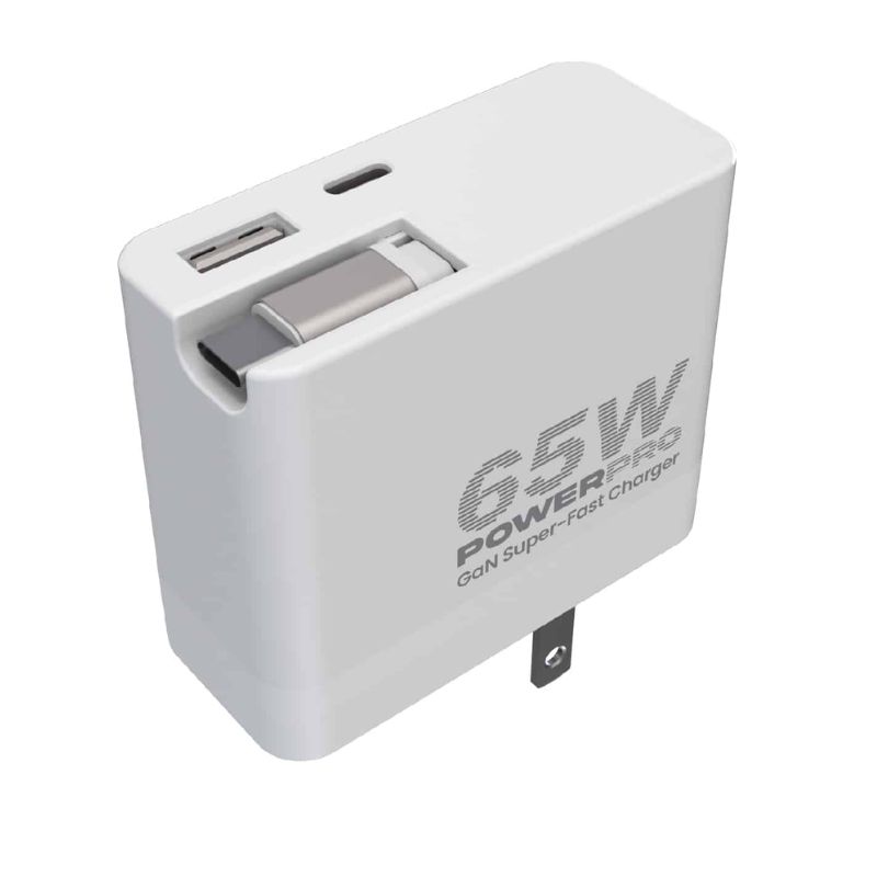 Cargador de Pared Unno Tekno PW5072WT GaN Cable Retráctil 65W USB-A/C Blanco
